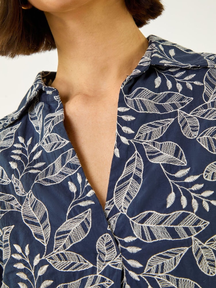 Roman Blue Leaf Embroidered Collared Top - Image 5 of 5 Roman Blue Leaf Embroidered Collared Top - Image 5 of 5