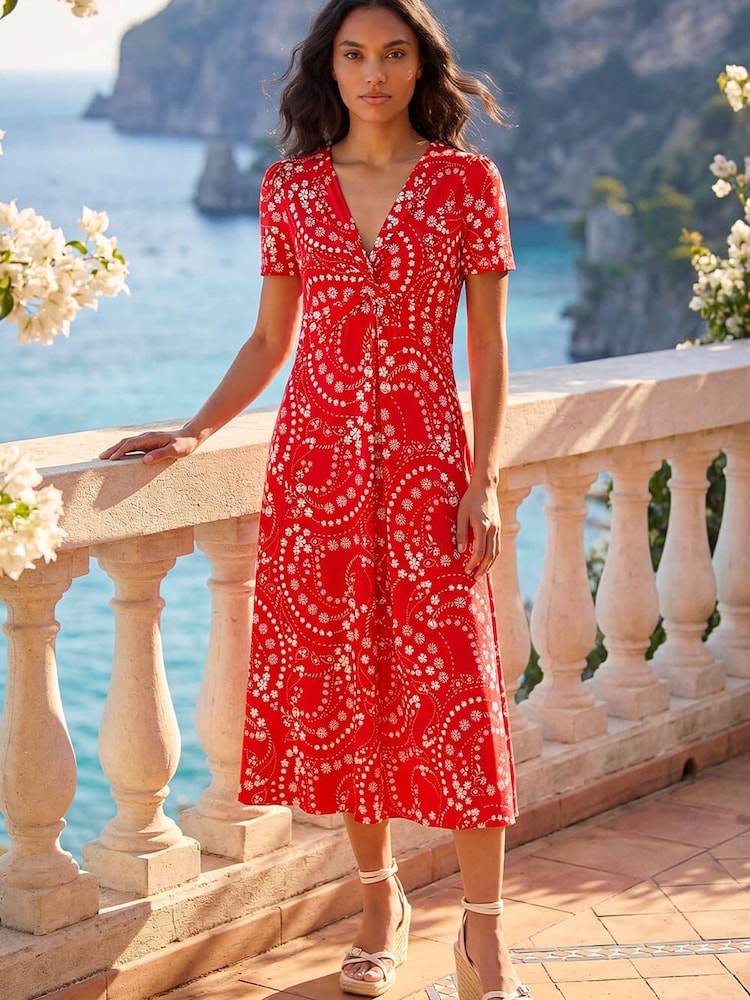 Roman Red Floral Print Twist Front Stretch Dress - Image 1 of 5
