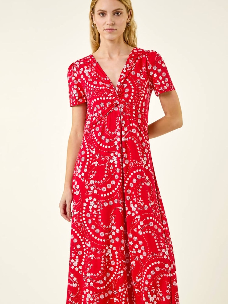Roman Red Floral Print Twist Front Stretch Dress - Image 2 of 5