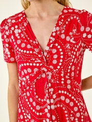 Roman Red Floral Print Twist Front Stretch Dress - Image 5 of 5