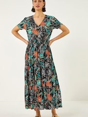 Roman Black Leaf Print V-Neck Tiered Midi Dress - Image 2 of 5