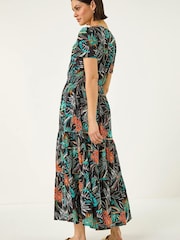 Roman Black Leaf Print V-Neck Tiered Midi Dress - Image 3 of 5