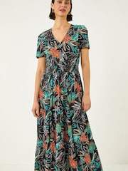 Roman Black Leaf Print V-Neck Tiered Midi Dress - Image 4 of 5