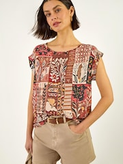 Roman Brown Patchwork Print Shell Top - Image 1 of 5