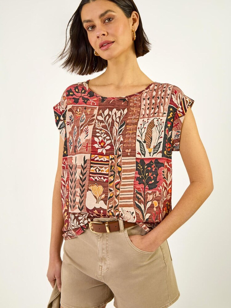 Roman Brown Patchwork Print Shell Top - Image 1 of 5