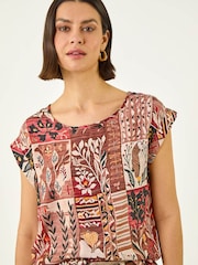 Roman Brown Patchwork Print Shell Top - Image 2 of 5