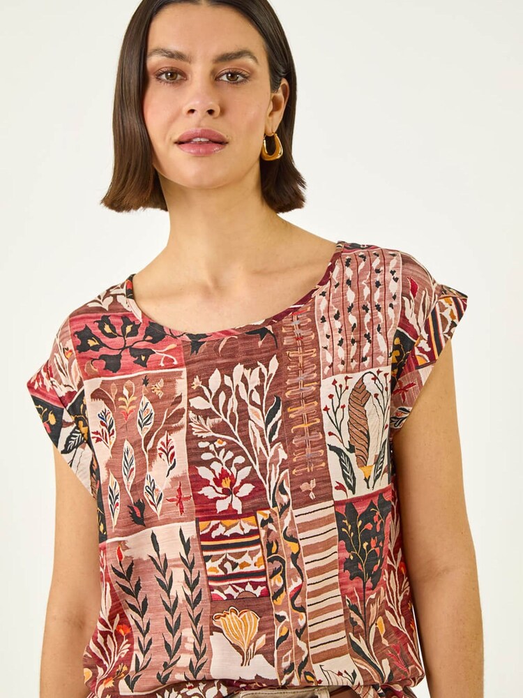 Roman Brown Patchwork Print Shell Top - Image 2 of 5