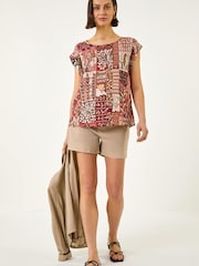 Roman Brown Patchwork Print Shell Top - Image 3 of 5