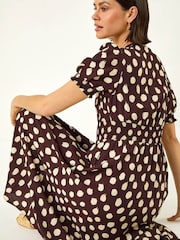 Roman Brown Spot Print Button Midi Dress - Image 1 of 5