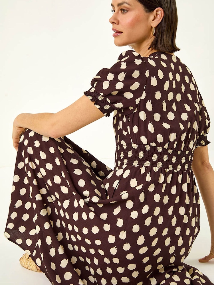 Roman Brown Spot Print Button Midi Dress - Image 1 of 5