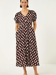 Roman Brown Spot Print Button Midi Dress - Image 2 of 5
