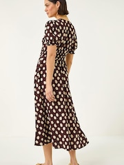 Roman Brown Spot Print Button Midi Dress - Image 3 of 5