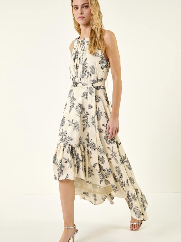 Roman White Floral Jacquard Halter Dress - Image 1 of 5 Roman White Floral Jacquard Halter Dress - Image 1 of 5