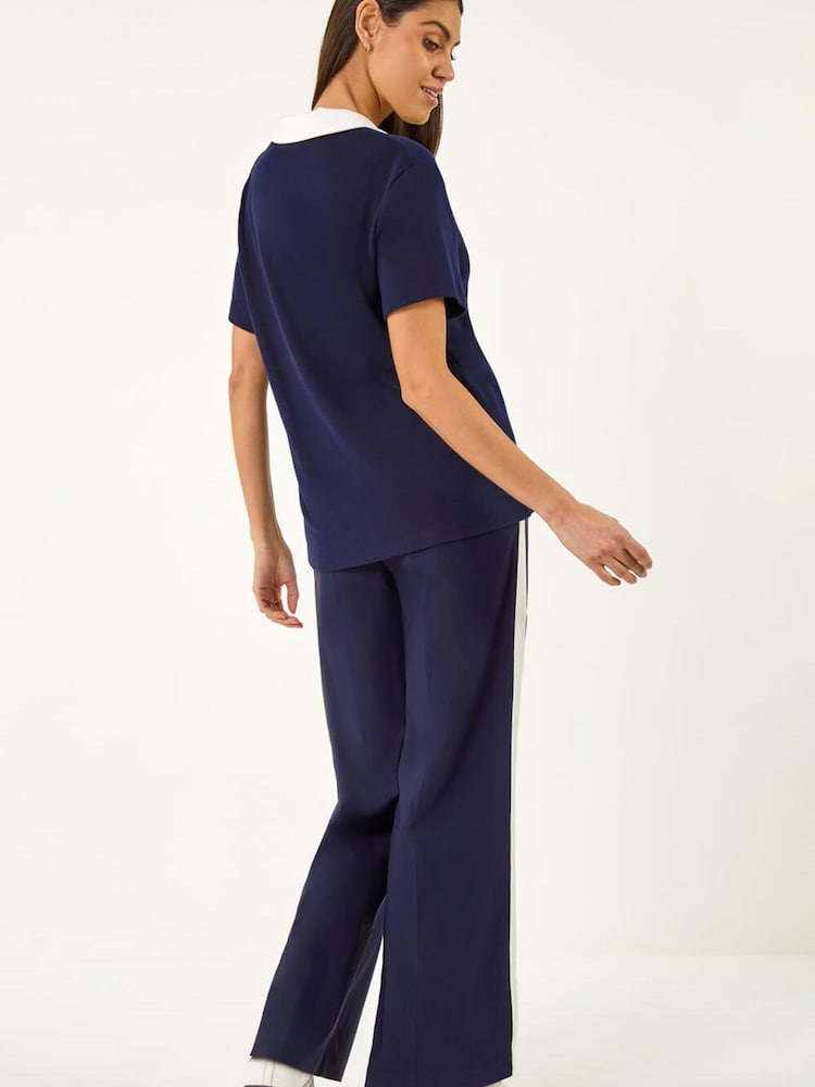 Roman Blue Cotton Collar V-Neck Top - Image 2 of 5