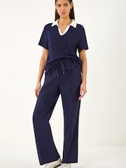 Roman Blue Cotton Collar V-Neck Top - Image 3 of 5