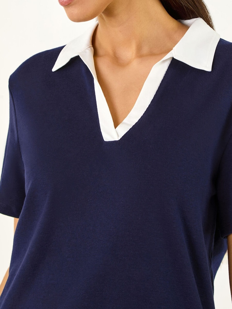 Roman Blue Cotton Collar V-Neck Top - Image 5 of 5