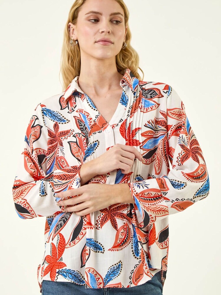 Roman Orange Leaf Print Pintuck Top - Image 1 of 5