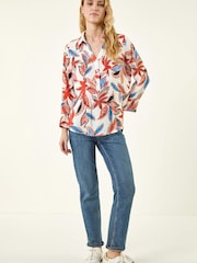 Roman Orange Leaf Print Pintuck Top - Image 3 of 5