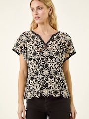 Roman Black Floral Crochet Knit Top - Image 1 of 5