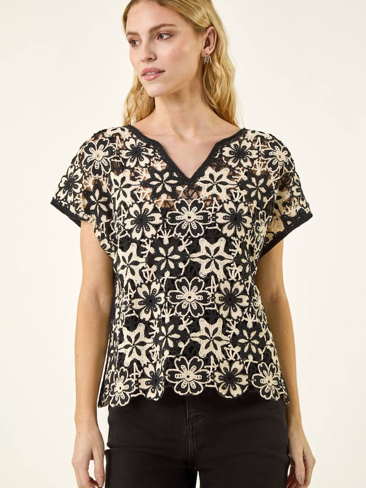 Roman Black Floral Crochet Knit Top - Image 1 of 5 Roman Black Floral Crochet Knit Top - Image 1 of 5