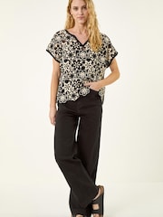 Roman Black Floral Crochet Knit Top - Image 2 of 5