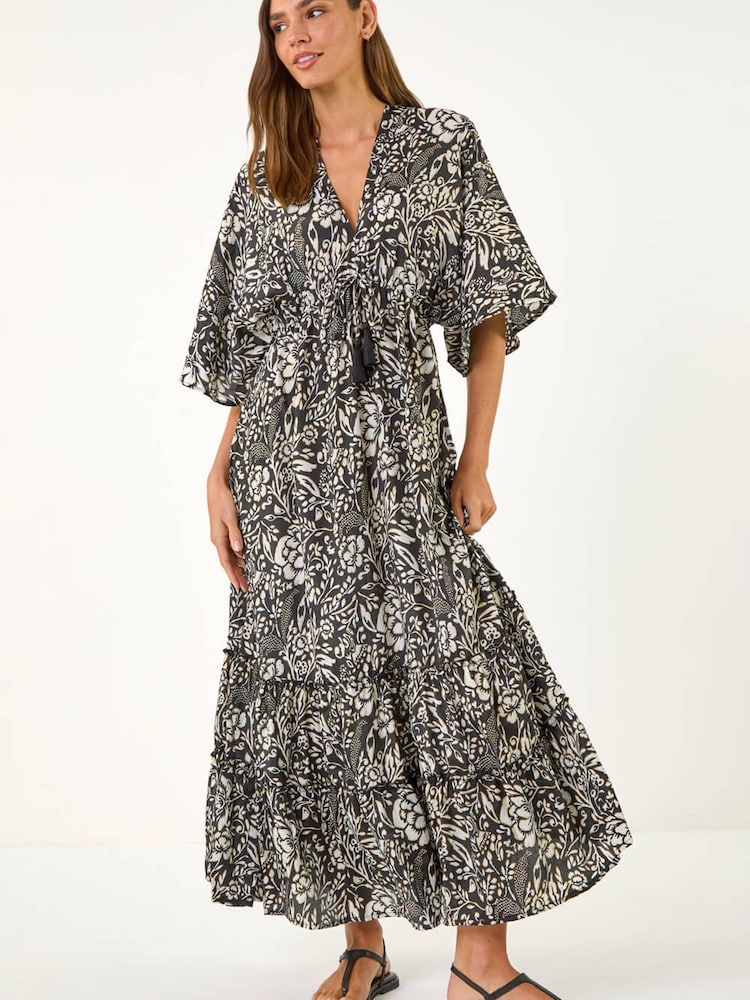 فستان بوهو ماكسي بياقة حرف V مورد بطبعة من Roman - Image 2 of 5