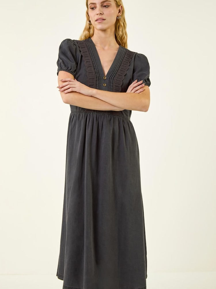 Roman Black Cotton Crochet Trim Dress - Image 1 of 5 Roman Black Cotton Crochet Trim Dress - Image 1 of 5