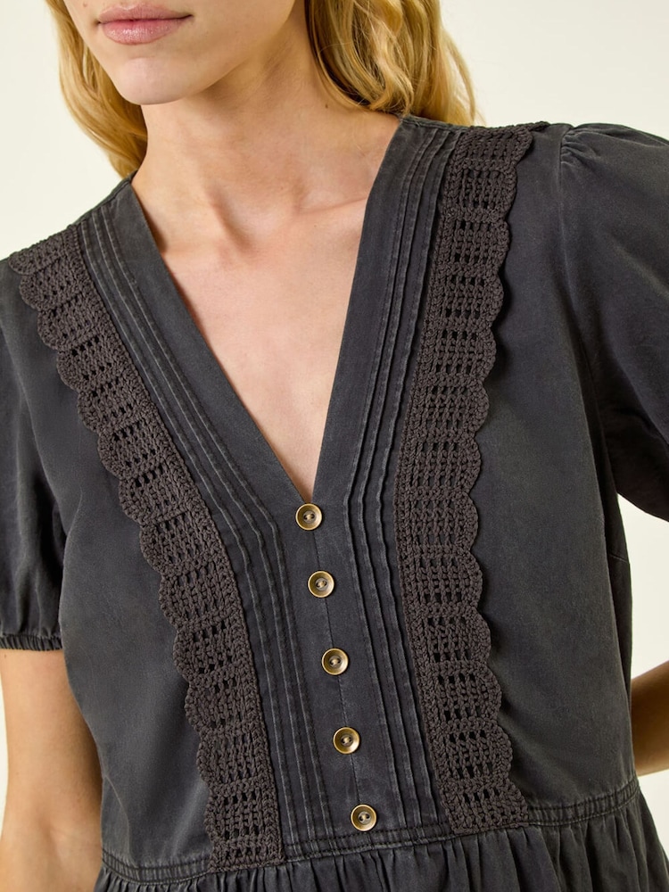 Roman Black Cotton Crochet Trim Dress - Image 5 of 5 Roman Black Cotton Crochet Trim Dress - Image 5 of 5