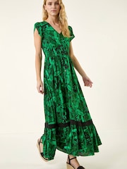 Roman Tropical Leaf Print V-Neck Midi Dress - Image 1 of 5
