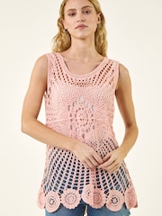 Roman Pink Longline Crochet Knit Vest - Image 2 of 5