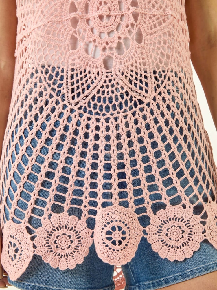Roman Pink Longline Crochet Knit Vest - Image 5 of 5