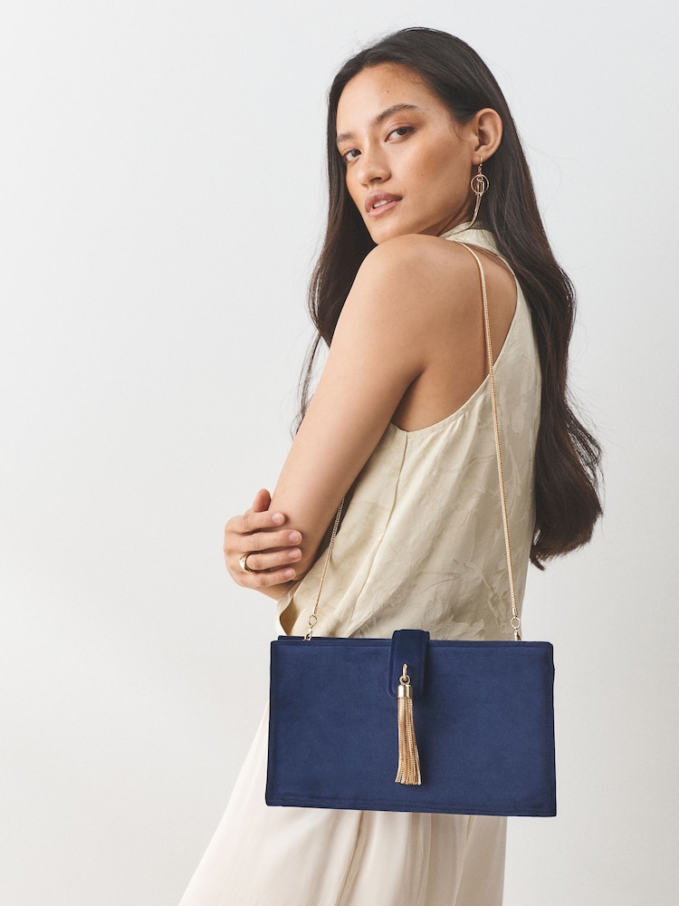 Navy Velvet Tassel Clutch - Image 2 of 8