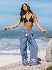 Chelsea Peers Chambray Cotton Scallop Edge Wide Leg Trousers - Image 1 of 5