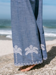 Chelsea Peers Chambray Cotton Scallop Edge Wide Leg Trousers - Image 3 of 5