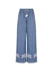 Chelsea Peers Chambray Cotton Scallop Edge Wide Leg Trousers - Image 5 of 5