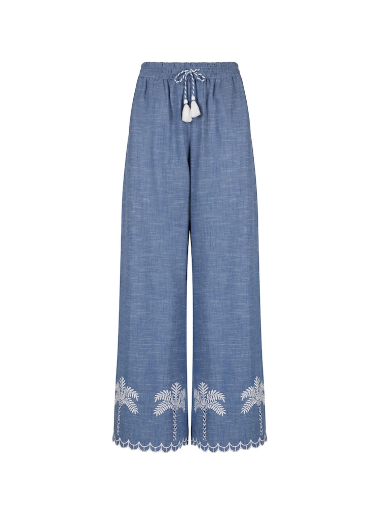 Chelsea Peers Chambray Cotton Scallop Edge Wide Leg Trousers - Image 5 of 5