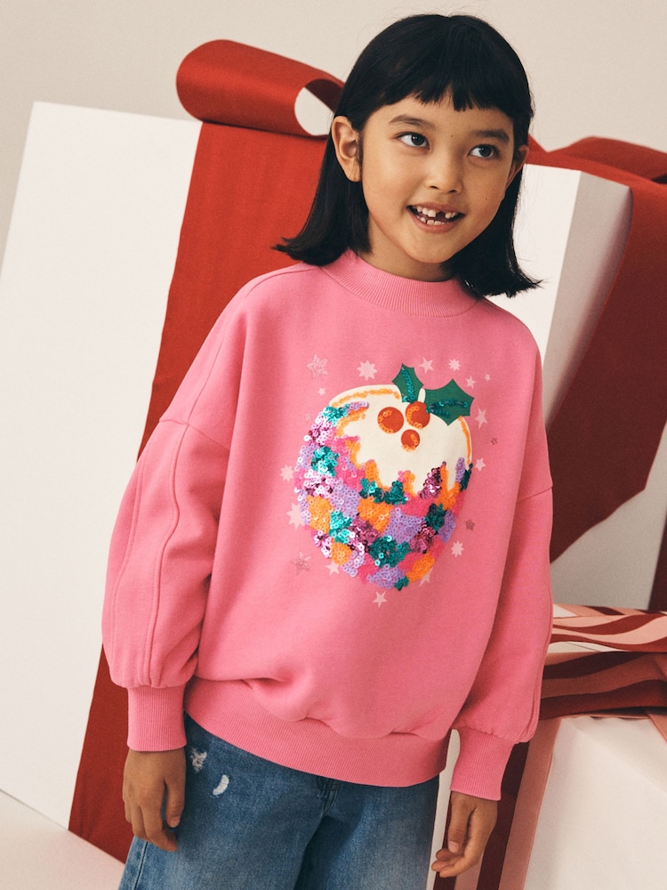 Pink Christmas Pudding Sequin Sweatshirt (3-16yrs) - Image 1 of 4