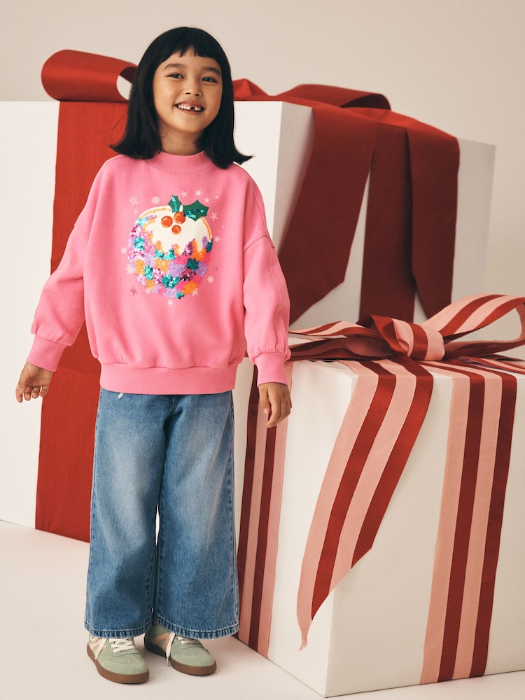 Pink Christmas Pudding Sequin Sweatshirt (3-16yrs) - Image 2 of 4