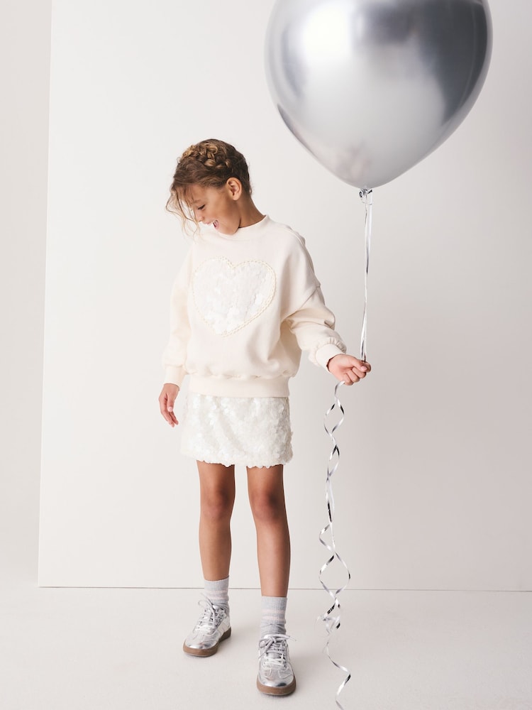 Cream Sequin Heart Sweatshirt and Skirt Set (3-16yrs) - Image 2 of 5 Cream Sequin Heart Sweatshirt and Skirt Set (3-16yrs) - Image 2 of 5