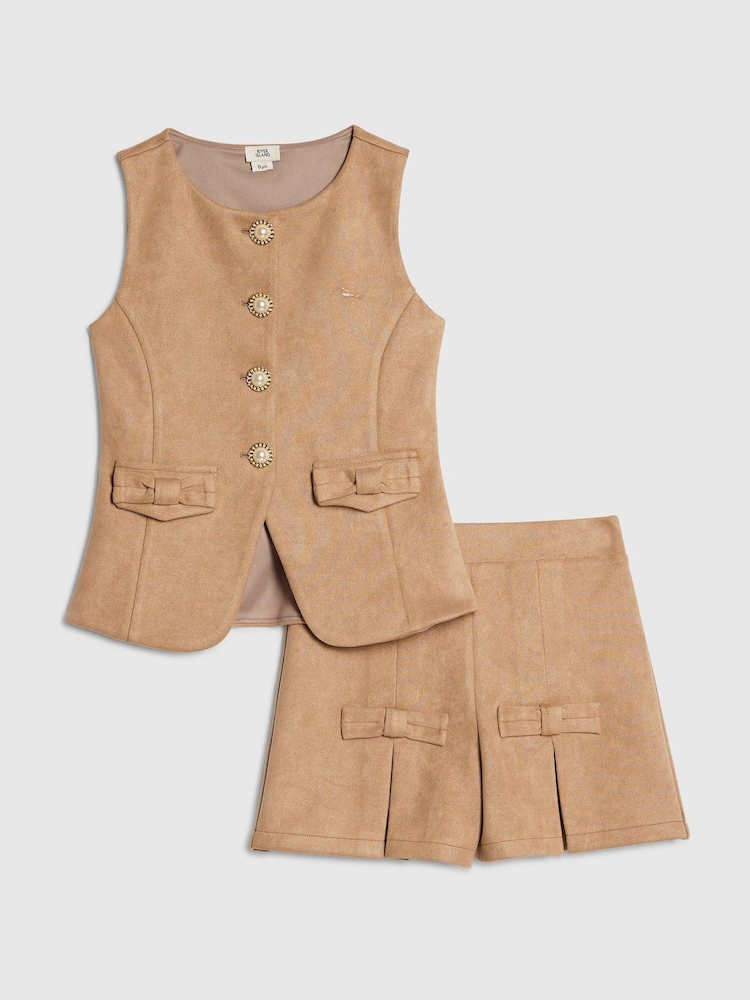 River Island Brown Suedette Waistcoat & Shorts Set - Image 1 of 5