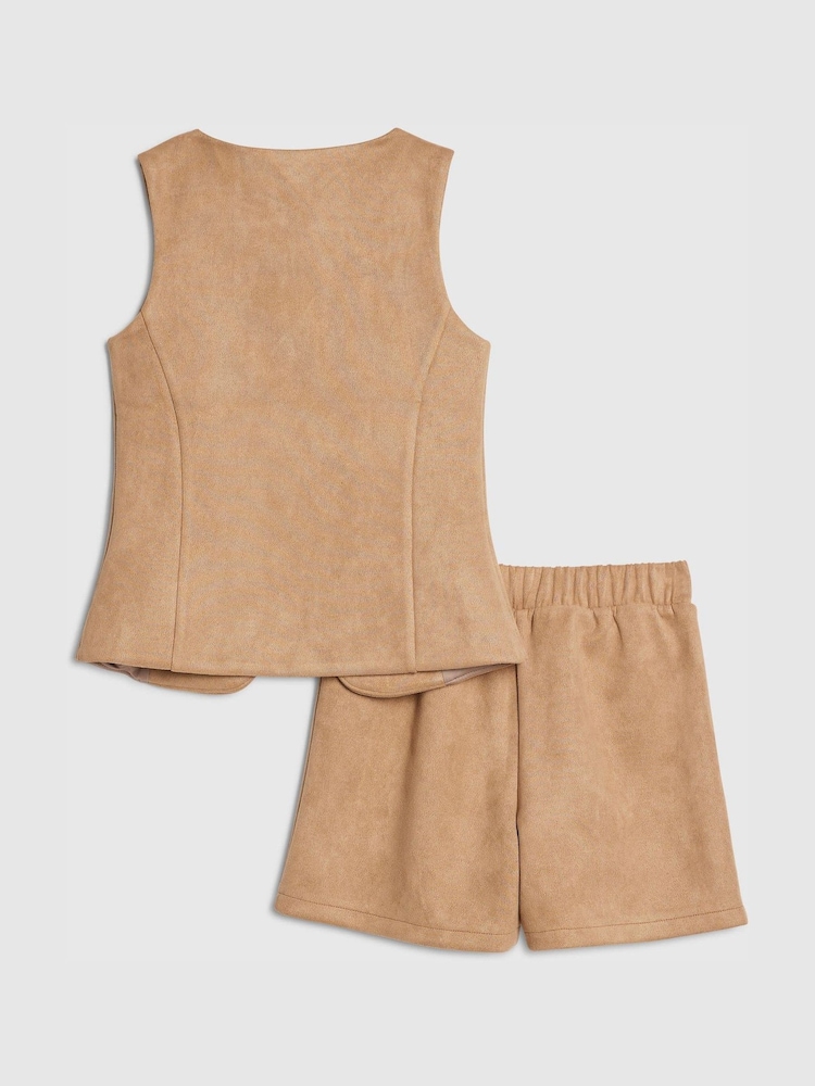 River Island Brown Suedette Waistcoat & Shorts Set - Image 2 of 5
