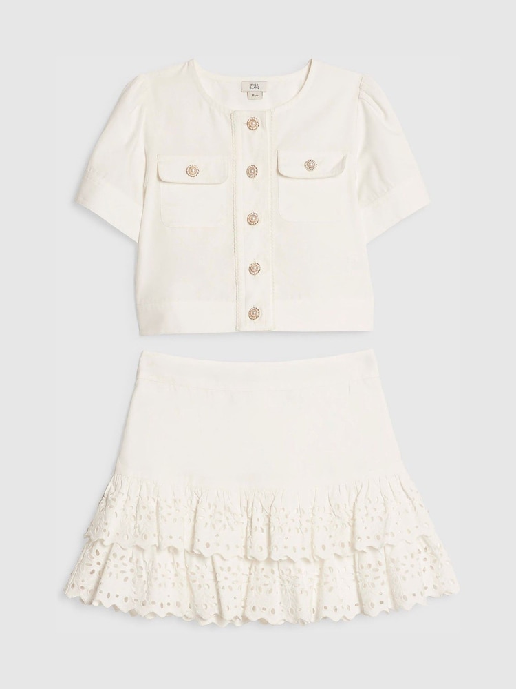 River Island White Denim Jacket & Broderie Skirt Set - Image 1 of 4