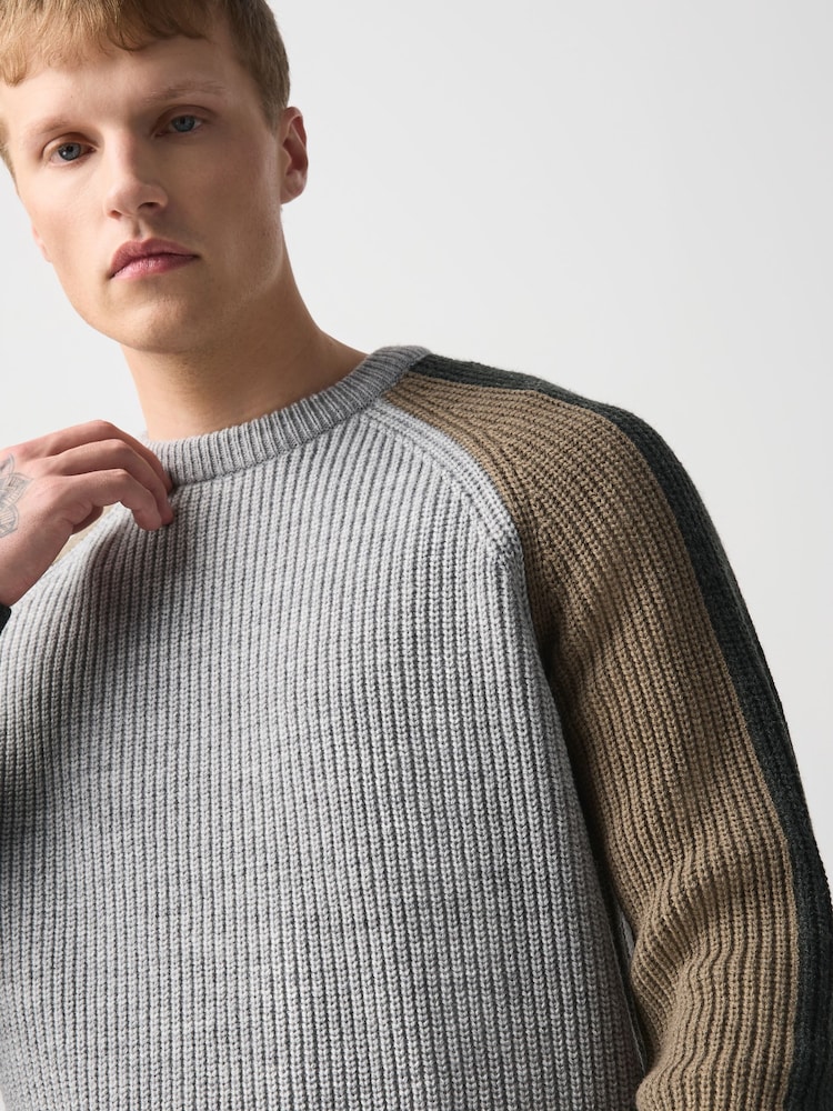 Темно-серый - Contrast Sleeve Crew Neck Rib Jumper - Изображение 5 5