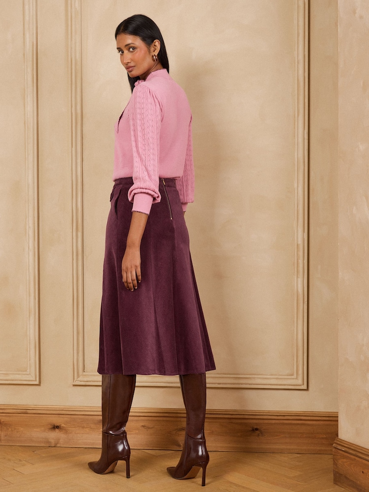 Love & Roses Burgundy Red Cord Full Circle Midi Skirt - Image 4 of 4