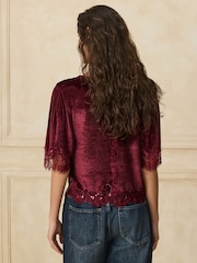 Berry Red Short Sleeved V-Neck Tie Front Top - Image 1 of 4