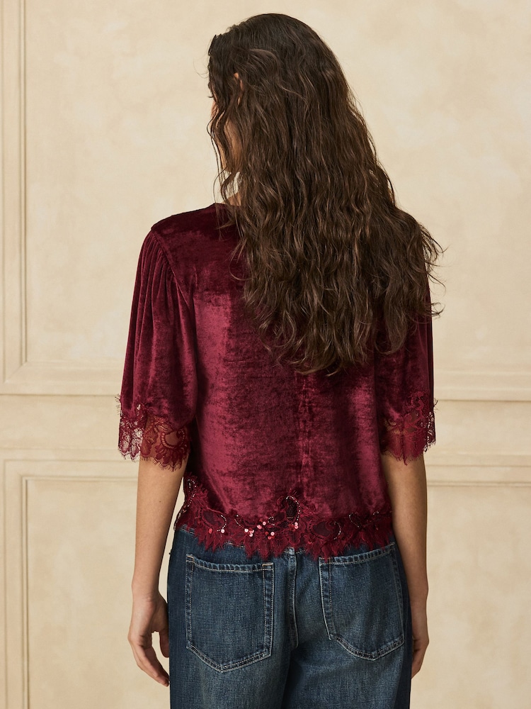 Berry Red Short Sleeved V-Neck Tie Front Top - Image 1 of 4 Berry Red Short Sleeved V-Neck Tie Front Top - Image 1 of 4