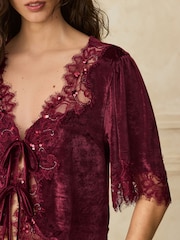 Berry Red Short Sleeved V-Neck Tie Front Top - Image 2 of 4