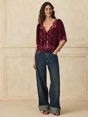 Berry Red Short Sleeved V-Neck Tie Front Top - Image 3 of 4