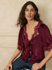 Berry Red Short Sleeved V-Neck Tie Front Top - Image 4 of 4