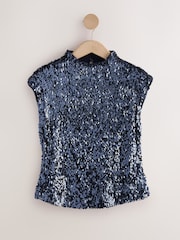 Navy Short Sleeved Sequin Top - Image 5 of 7